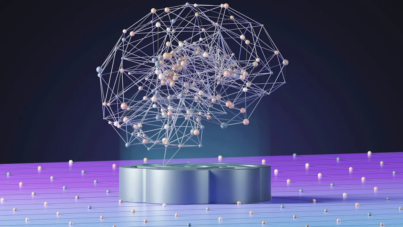 A glowing network of connected nodes shaped like a brain