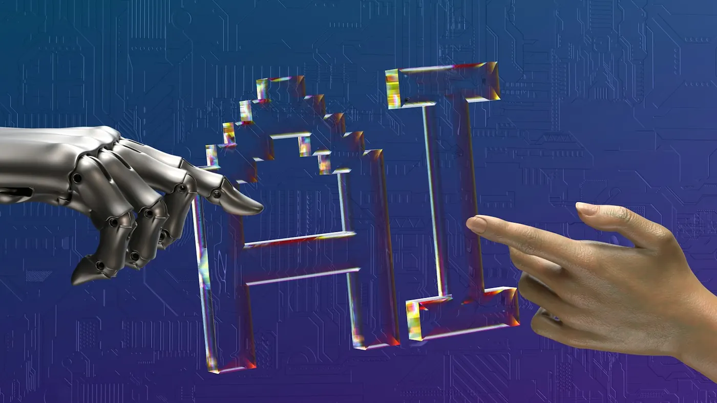 A robotic hand and a human hand reaching towards each other